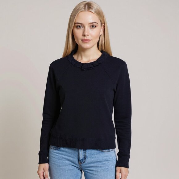 Kate Spade Black Wool Neck Bow Detail Sweater Leather Elbow Patches Size XS - Picture 1 of 11